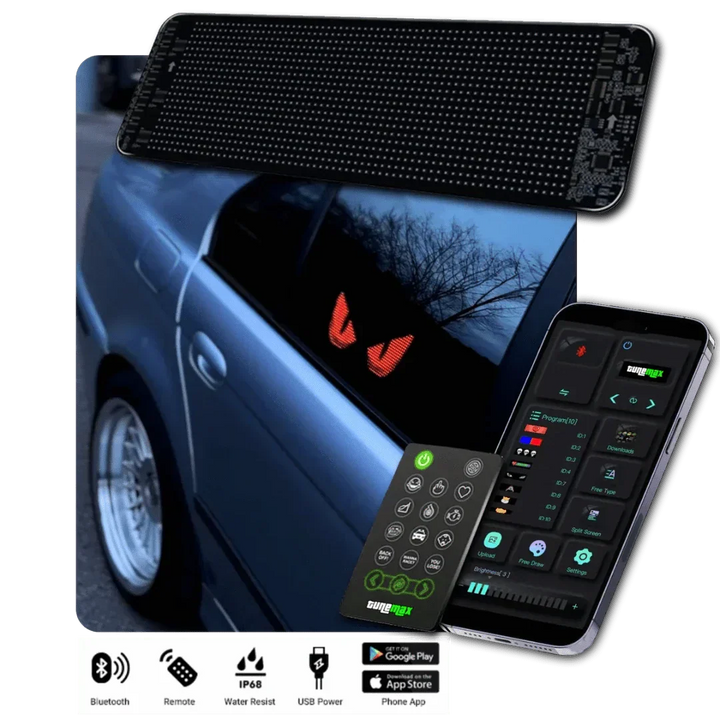 Anpassbares LED-Display für klare Textanzeigen im Auto; ideal als dynamische Werbetafel oder Nachrichtendisplay.