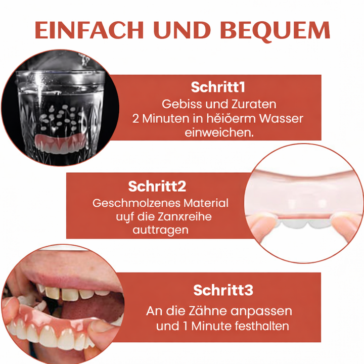 Silikonpolster für Zahnersatz. Fördert Mundgesundheit, verbessert Tragekomfort & sicheren Halt der Prothese, vermeidet Druckstellen.