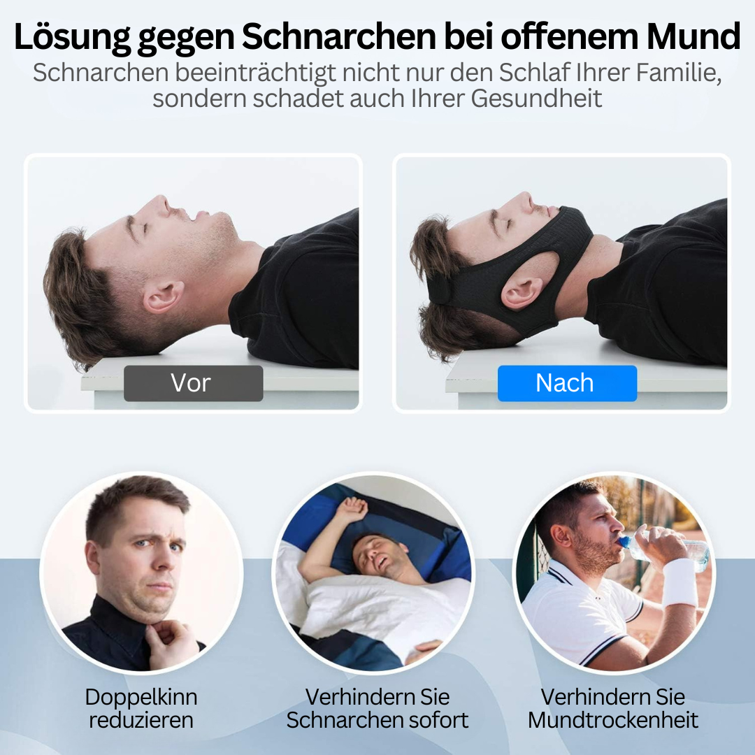 Verstellbares, komfortables Anti-Schnarch-Kinnband für sicheren Halt und eine störungsfreie Nachtruhe.