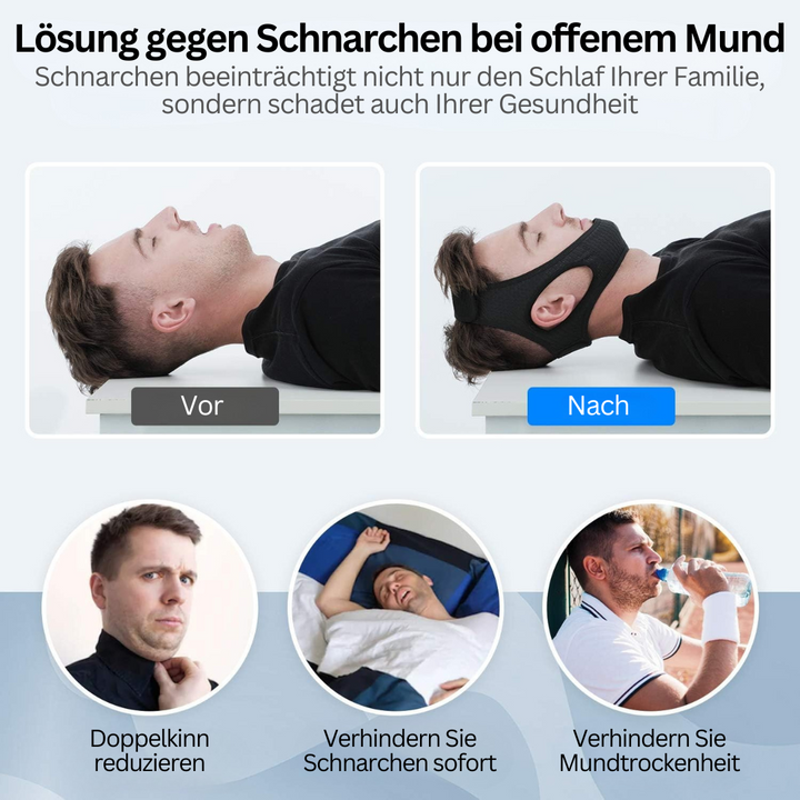 Verstellbares, komfortables Anti-Schnarch-Kinnband für sicheren Halt und eine störungsfreie Nachtruhe.