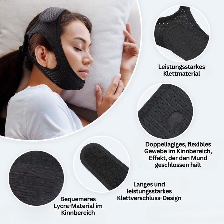 Hochwertiges Kinnband als Anti-Schnarch-Hilfe, unterstützt eine bessere Atmung und tiefen, erholsamen Schlaf.