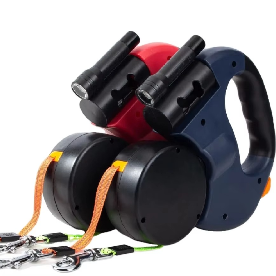 Detailansicht der innovativen Anti-Wickel Doppelleine mit drehbaren Verbindungen für zwei Hunde.
