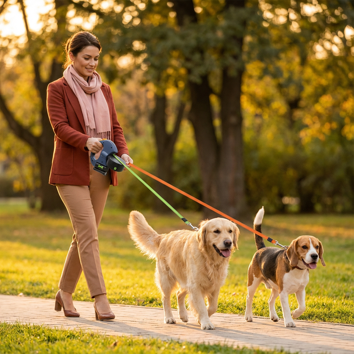 Anti-Wickel Doppelleine mit LED-Licht für zwei Hunde. Ideal für sichere Gassi-Spaziergänge bei Dämmerung.