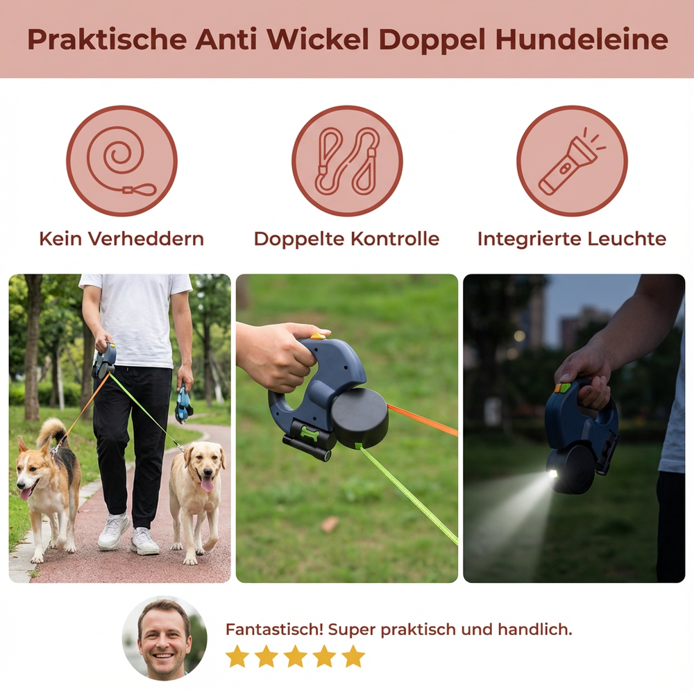 Komfortable Anti-Wickel Hundedoppelleine für zwei Hunde. Kein Verheddern beim Gassi gehen.