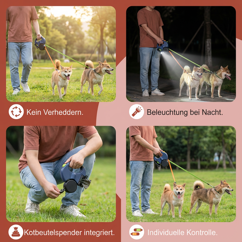 Sichere Doppelhundleine mit integriertem LED-Licht für verbesserte Sichtbarkeit bei Nacht.