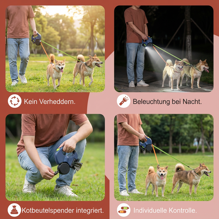 Sichere Doppelhundleine mit integriertem LED-Licht für verbesserte Sichtbarkeit bei Nacht.
