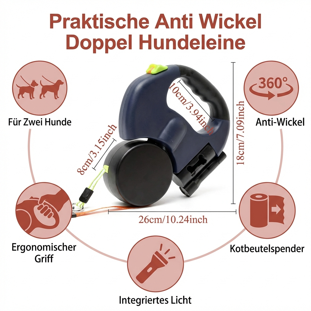 Robuste Anti-Wickel Doppelleine für Hunde mit LED-Beleuchtung. Entspannte und sichere Spaziergänge garantiert.