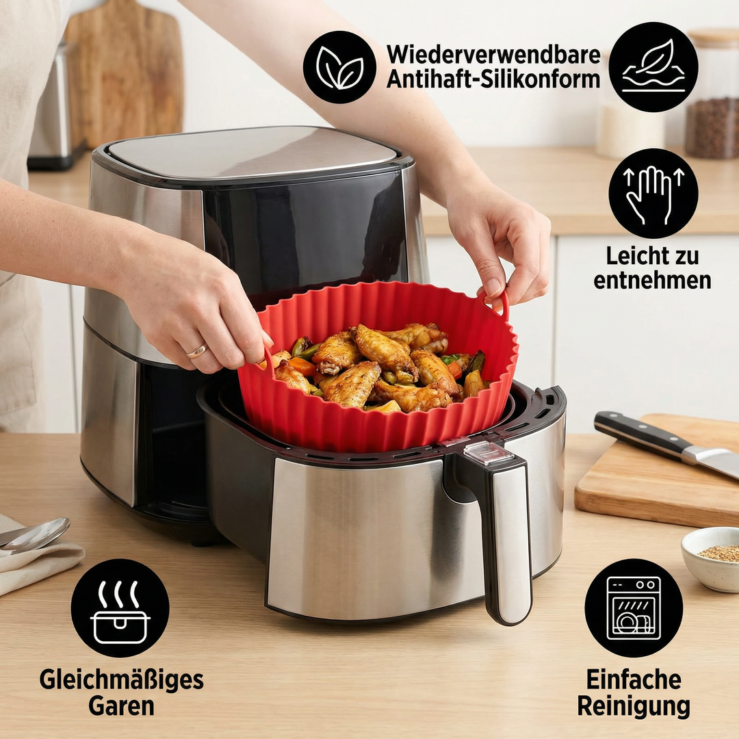 Praktische Heißluftfritteuse Silikonform. Antihaft & spülmaschinenfest. Einfaches Kochen ohne Anhaften.