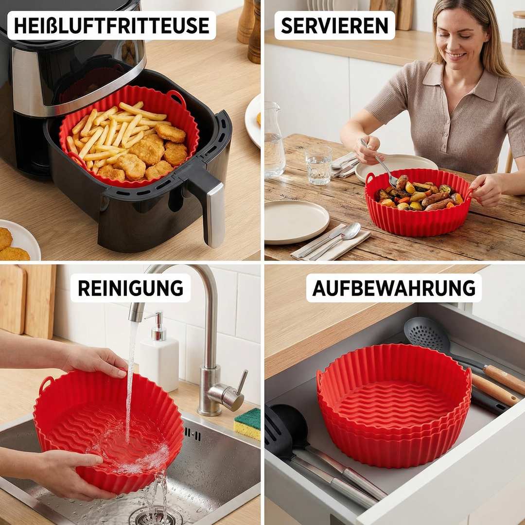 Robuste Silikonform für gesünderes Frittieren in der Heißluftfritteuse. Antihaft, leicht zu reinigen.