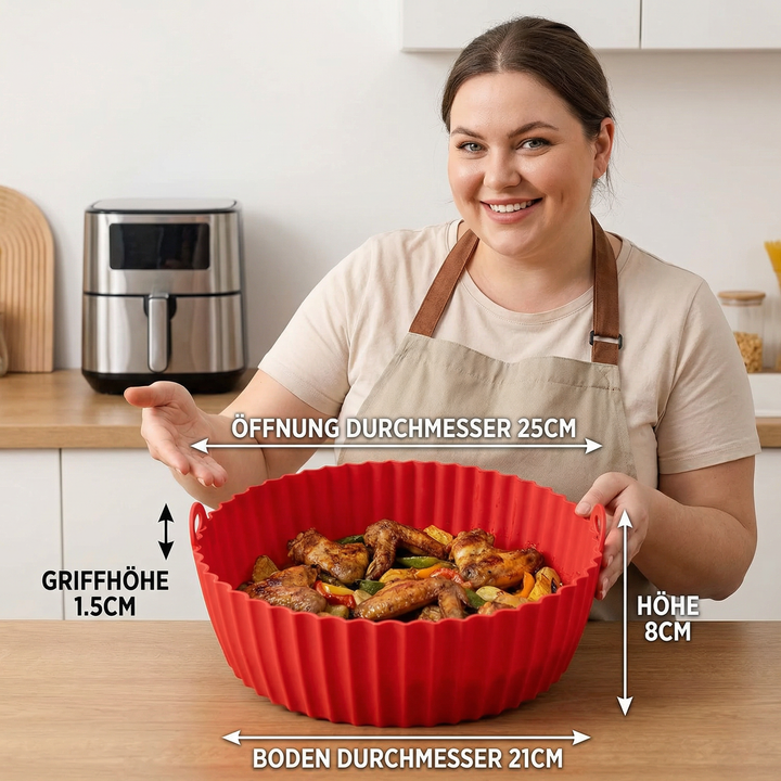 Wiederverwendbare Silikonform für Heißluftfritteusen. Kein Anhaften, einfache Reinigung, nachhaltig.