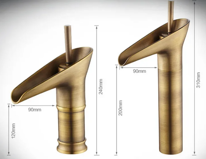 Frontansicht: Eleganter Wasserfall Waschtischhahn, Einhebelmischer, Vintage-Look, für Design-Bäder.