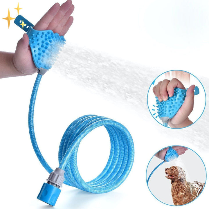 Praktischer AquaPaw Duschhandschuh für Haustiere zur schnellen und gründlichen Reinigung mit Bürste und Wasserstrahl.