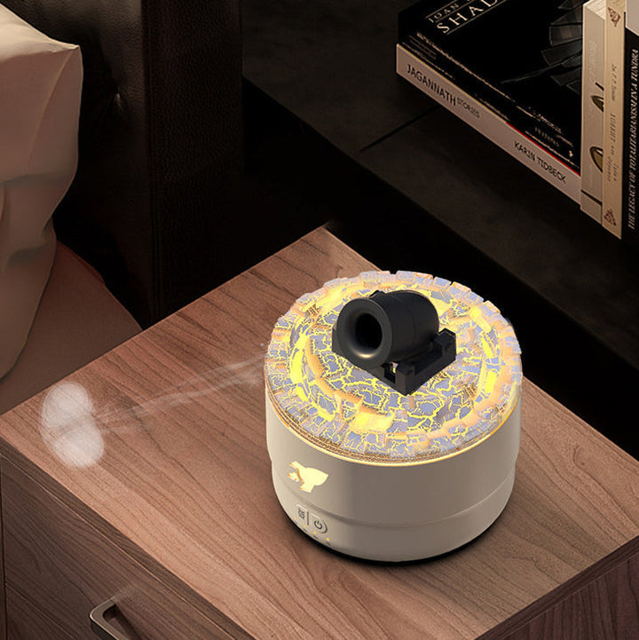 Aroma Diffuser mit Lava-Effekt Nachtlicht als stilvolles Wohnaccessoire auf einem Nachttisch im Schlafzimmer.
