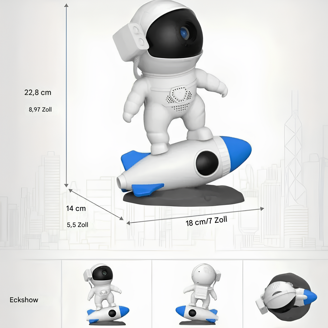 Nahaufnahme der Linse des Astronaut Projektors, die Galaxien und Sterne detailliert projiziert.