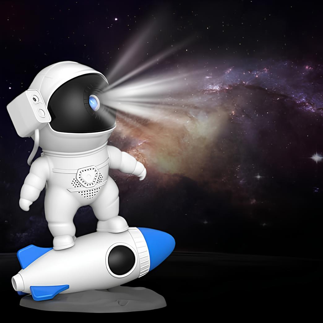 Detailansicht des niedlichen Astronauten-Projektors, bereit, das Kinderzimmer mit Sternen zu füllen.