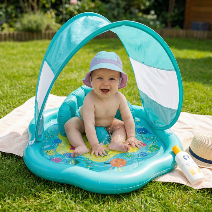Aufblasbare Baby Wasserspielmatte mit integriertem Sonnenschutz für sensorisches Spiel und Motorikförderung im Sommer.