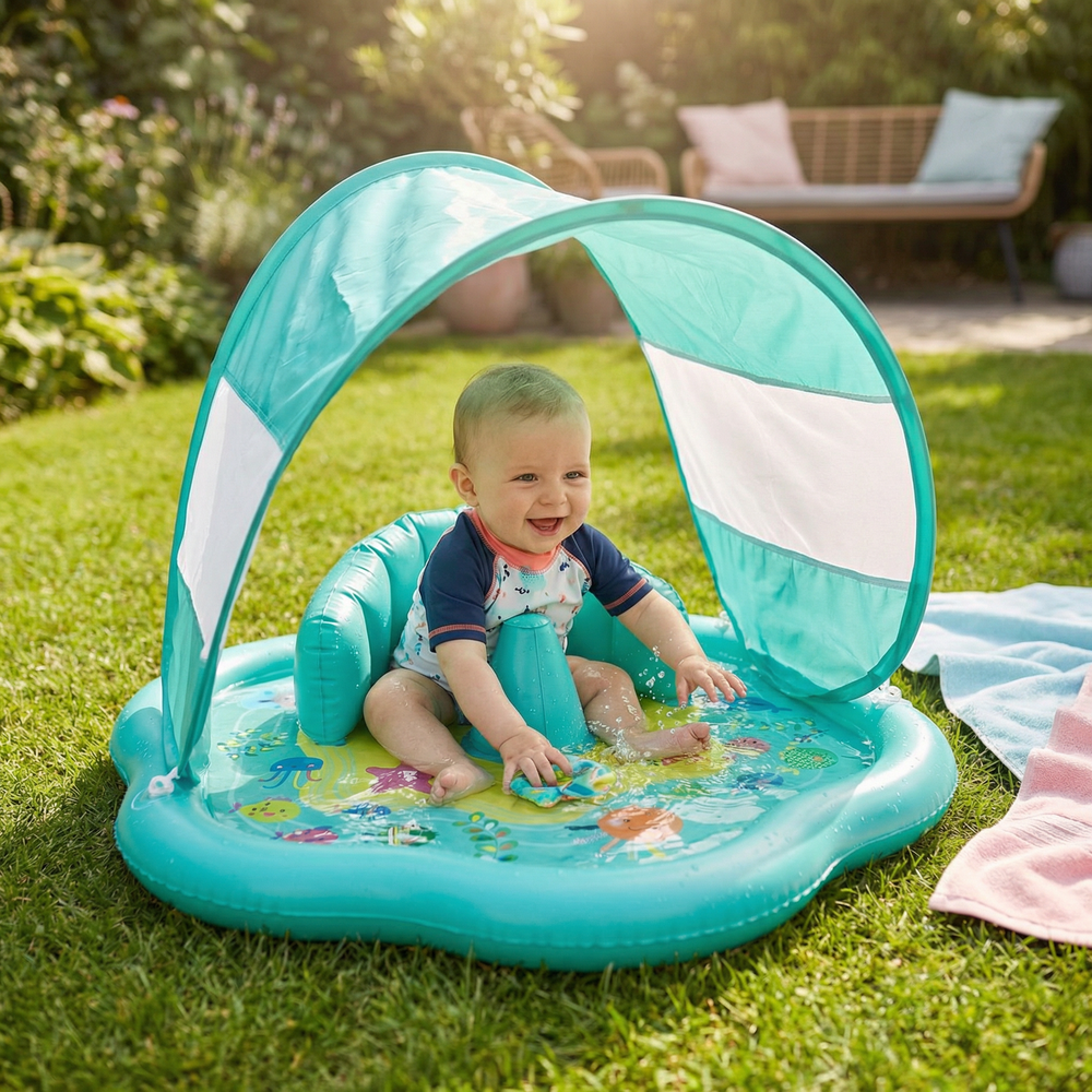 Baby Wasserspielmatte aufblasbar mit UV-Sonnenschutz, ideal für Garten & Strand. Fördert Sensorik & Motorik.