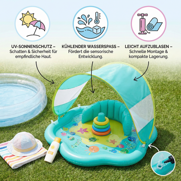Babyspielzeug: Wasserspielmatte mit Sonnenschutz. Fördert spielerisch Motorik & Sensorik für Kleinkinder. Aufblasbar.