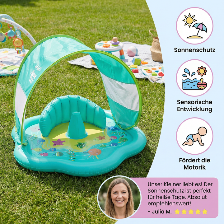 Sensomotorische Baby Wasserspielmatte, aufblasbar, mit schützendem Sonnendach. Sicheres Sommerspielzeug für Babys.