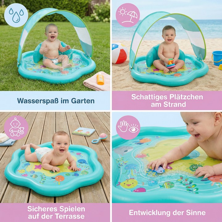 Aufblasbare Baby Wasserspielmatte mit Sonnenschutz. Ideales Lernspielzeug zur Förderung von Sensorik & Motorik.