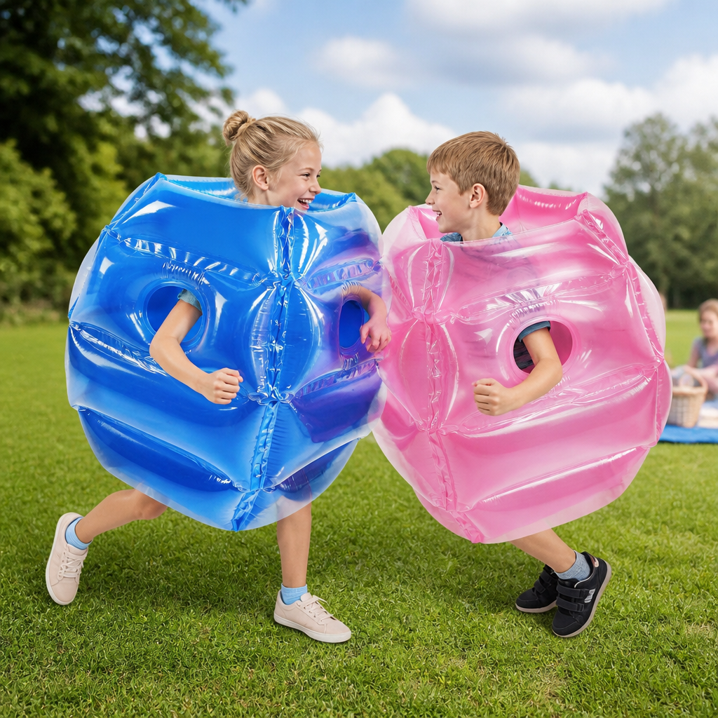 Zwei Kinder in aufblasbaren Bumper Bällen lachen und stoßen sich, spielen aktiv im Garten. Ideal für Sommer & Familie.