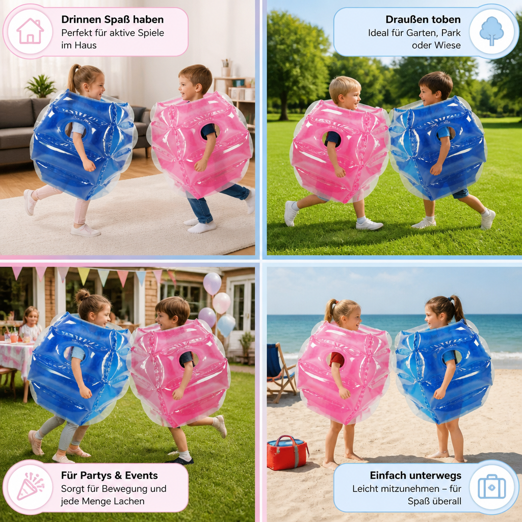 Fröhliche Kinder spielen mit aufblasbaren Bumper Bällen im Grünen; perfektes Outdoor-Sportspiel für Sommer & Familie.