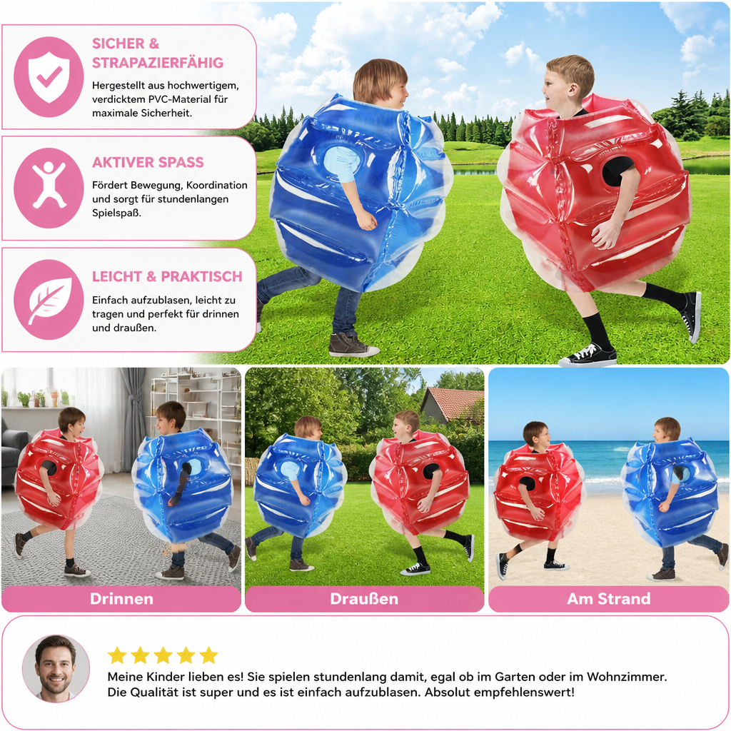 Kinder genießen Bewegungsspiel mit aufblasbaren Bumper Bällen; fördert Koordination, Lachen & Outdoor-Spaß für 2.