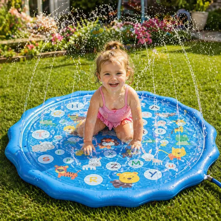 Aufblasbare Kinderspielmatte mit Sprinkler, ideal für sommerlichen Wasserspaß im Garten. Robustes Wasserspielzeug.