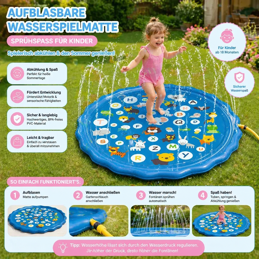 Lachende Kinder spielen auf der bunten Wasserspielmatte mit Sprinklern, perfekt für Abkühlung & Outdoor-Freizeit.