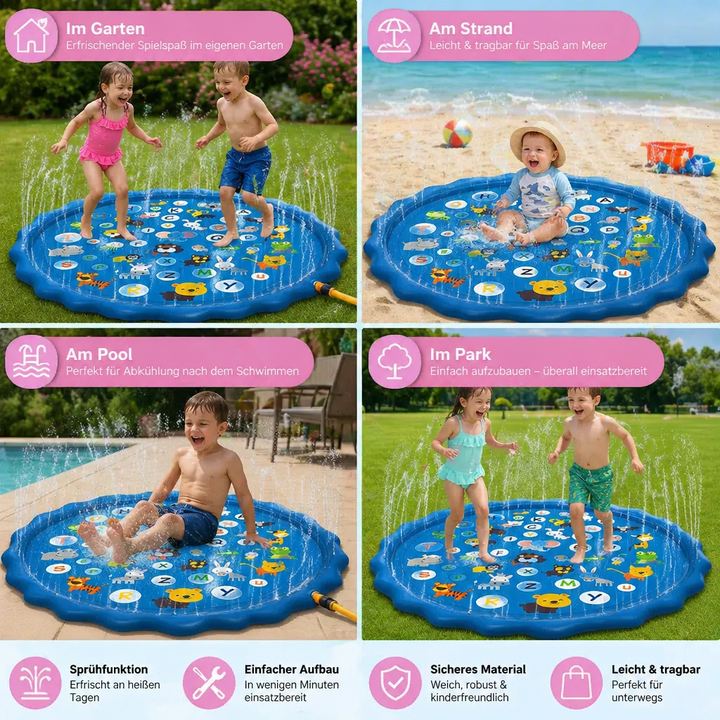 Bunte Sprinkler-Wasserspielmatte verwandelt jeden Garten in ein Planschbecken für Kinder. Ultimativer Sommerspaß outdoor.