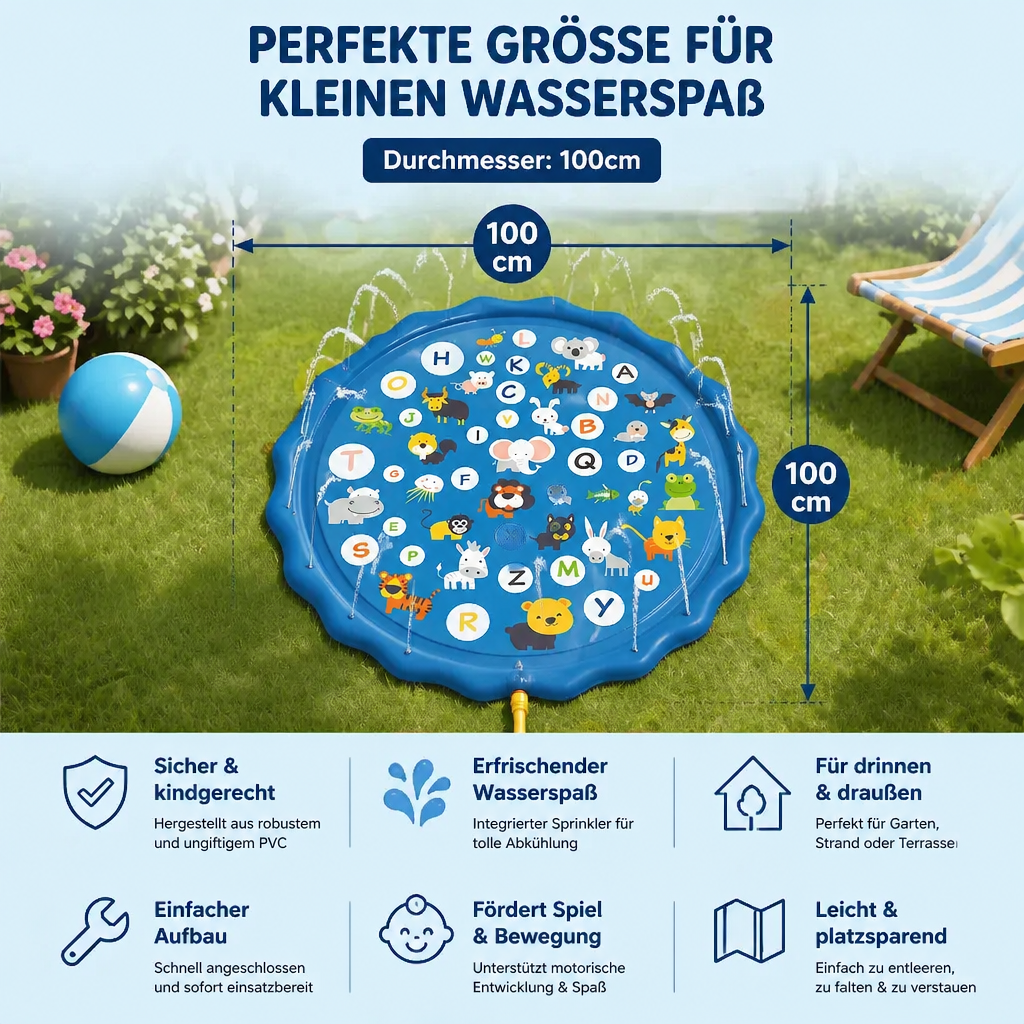 Sommerspaß garantiert: Aufblasbare Sprinkler-Spielmatte bietet erfrischende Abkühlung & spannende Wasseraktivität für Kinder.