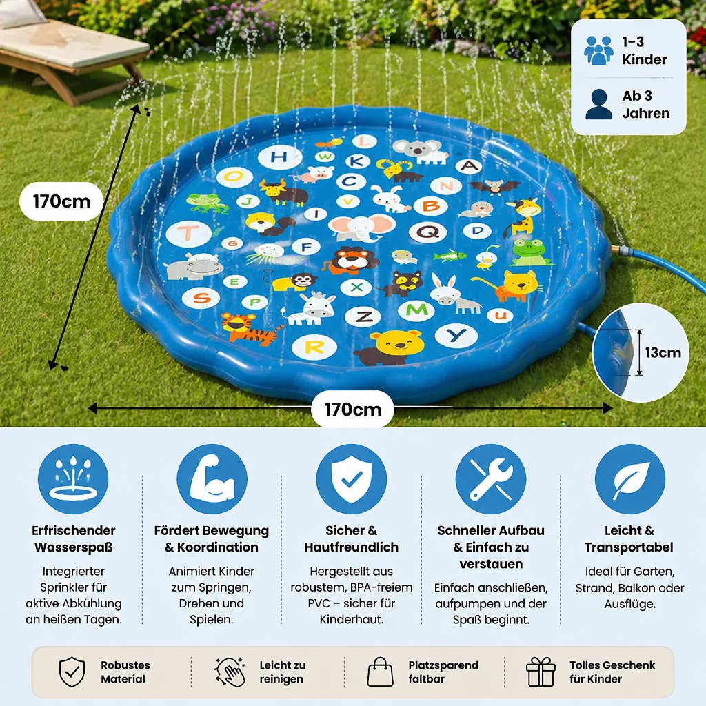 Aufblasbare Kinderspielmatte mit vielen Sprinklern. Sicheres Wasserspielzeug für Outdoor-Vergnügen im Garten.
