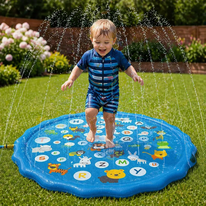 Einfach aufblasbare Wasserspielmatte mit Sprinklerdüsen, schnell aufgebaut für sofortigen Outdoor-Wasserspaß für Kinder.