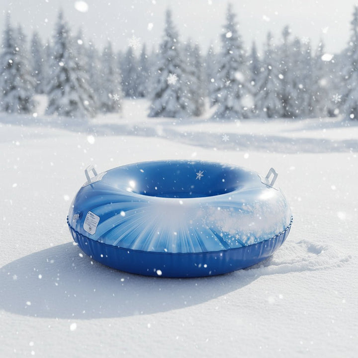Kind lacht auf BLIZZTORQ Schneereifen; aufblasbarer Schlitten für actionreichen Winterspaß im Schnee.