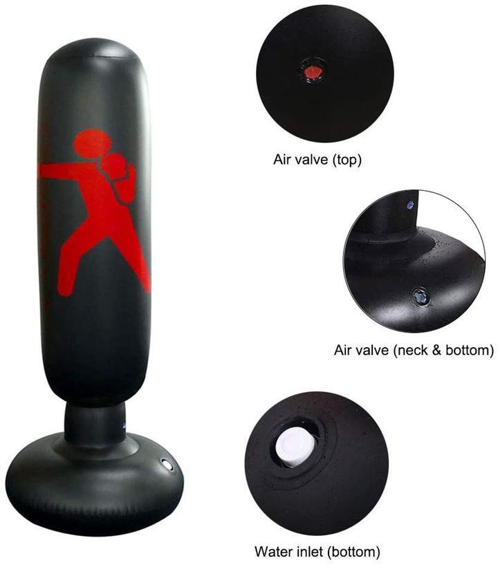 Robuster, aufblasbarer PVC Boxsack in Schwarz-Gelb-Rot für Boxtraining, Koordination & Stressabbau.