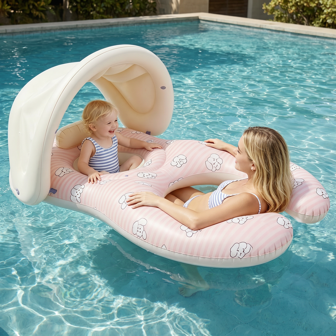 Aufblasbarer Eltern-Baby Schwimmring mit Sonnendach für sicheren Badespaß im Pool oder am Strand.