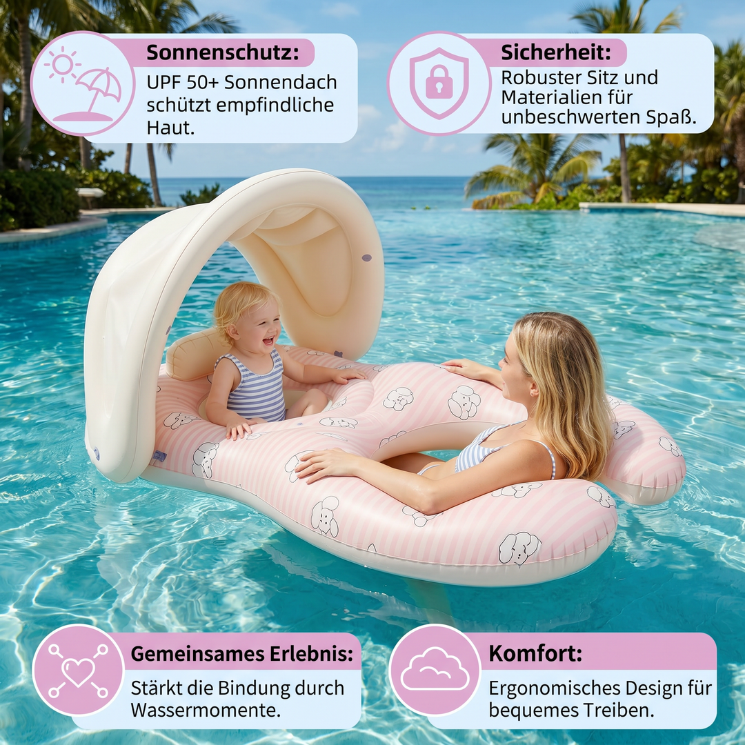 Eltern-Kind Schwimmhilfe: Aufblasbarer Schwimmring mit Baby-Sitz und Sonnendach für gemeinsame Badestunden.