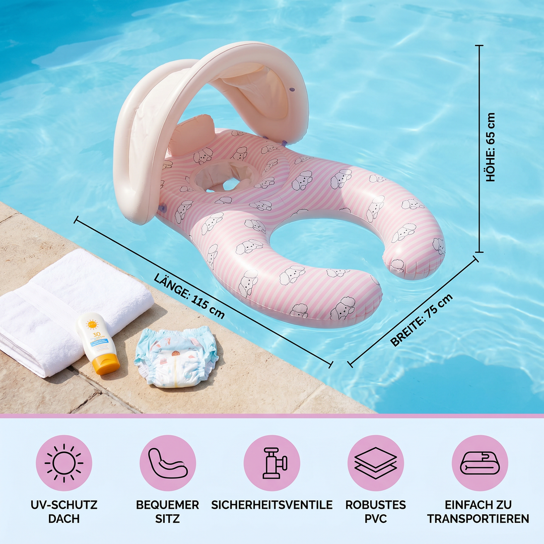 Innovativer Eltern-Baby Schwimmring aufblasbar, mit komfortablem Sitz und UV-Schutz-Sonnendach.