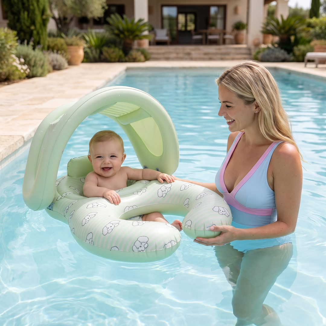Aufblasbare Baby Schwimmhilfe mit Sonnenschutzdach, perfekt für gemeinsame Eltern-Kind-Momente im Wasser.