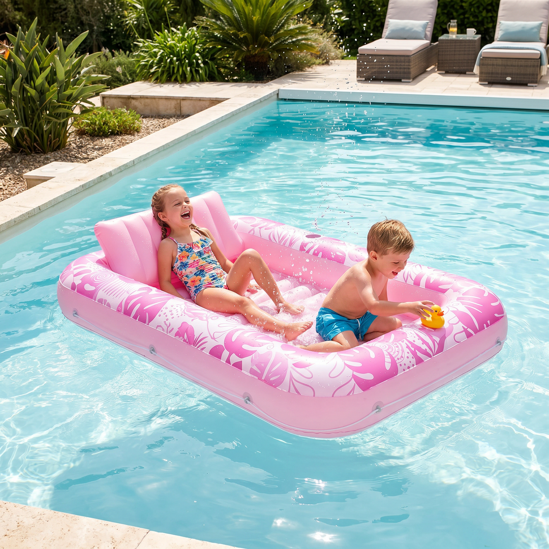 Aufblasbarer Lounge Pool mit Kissen & Getränkehalter im Garten. Ideal für Sommer-Entspannung & Abkühlung.