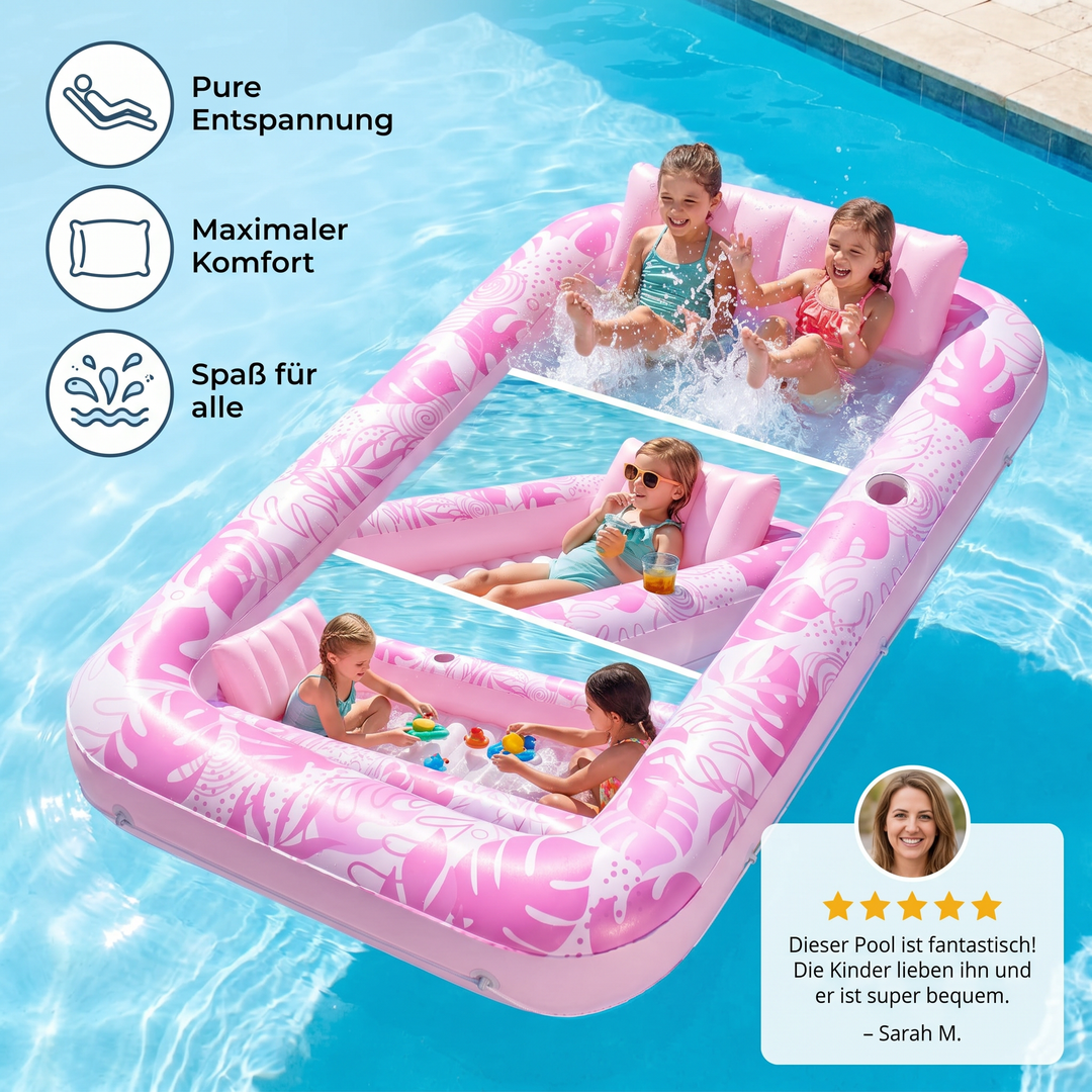 Aufblasbarer Gartenpool mit praktischem Getränkehalter und ergonomischem Kissen für den Sommer.