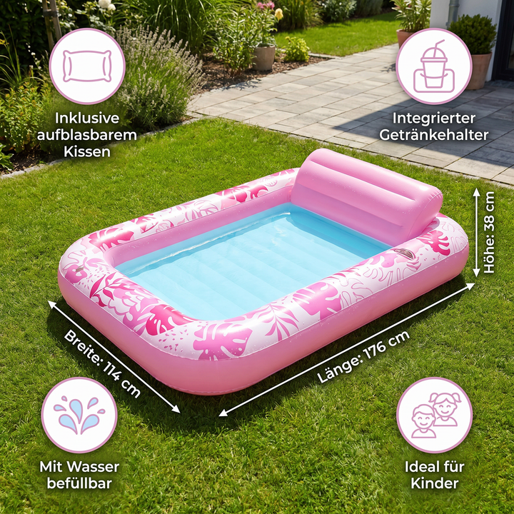 Heller aufblasbarer Pool mit Kissen & Getränkehalter, ideal für Outdoor-Entspannung im sommerlichen Garten.