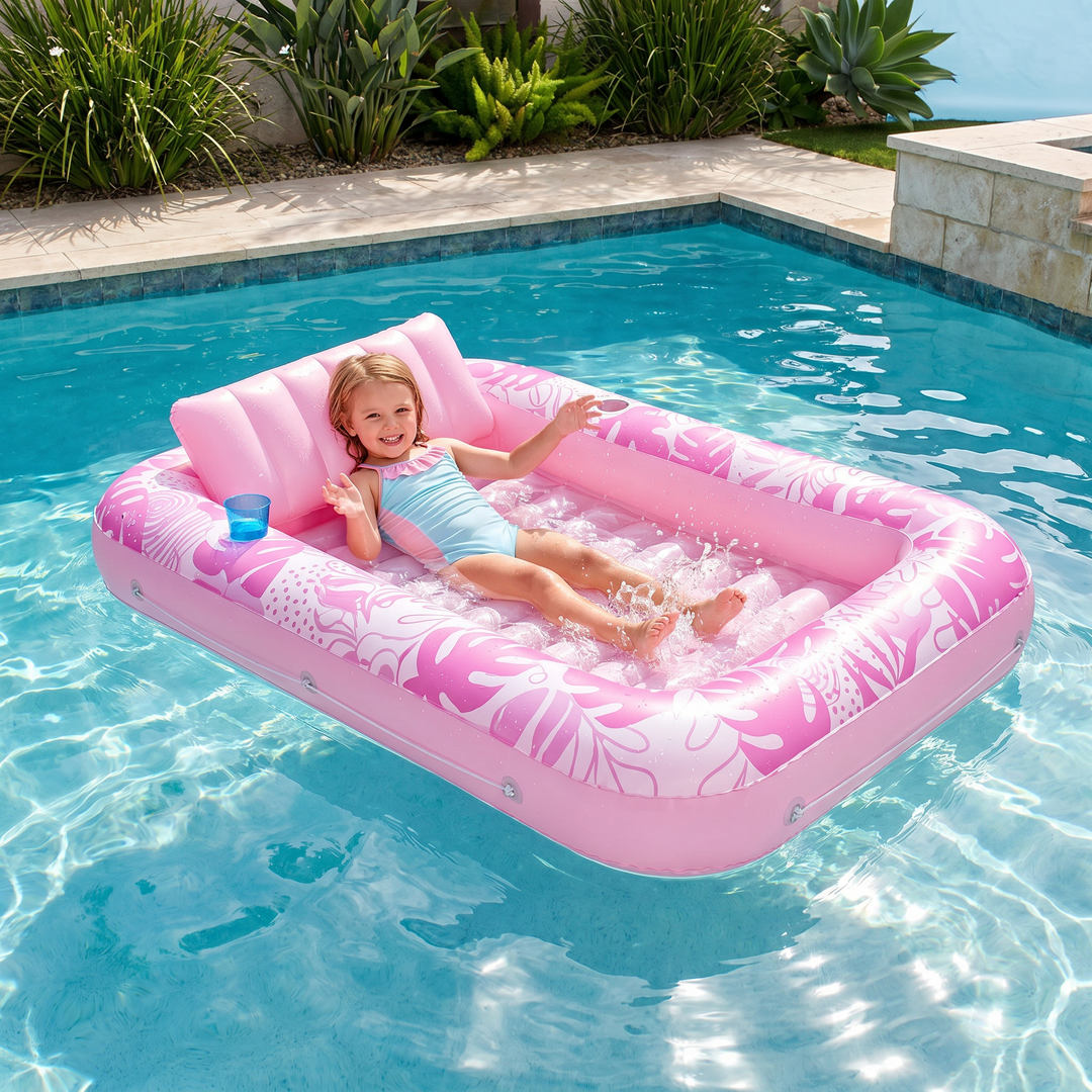 Robuster aufblasbarer Lounge Pool mit Kissen, Getränkehalter und viel Platz zur sommerlichen Abkühlung.