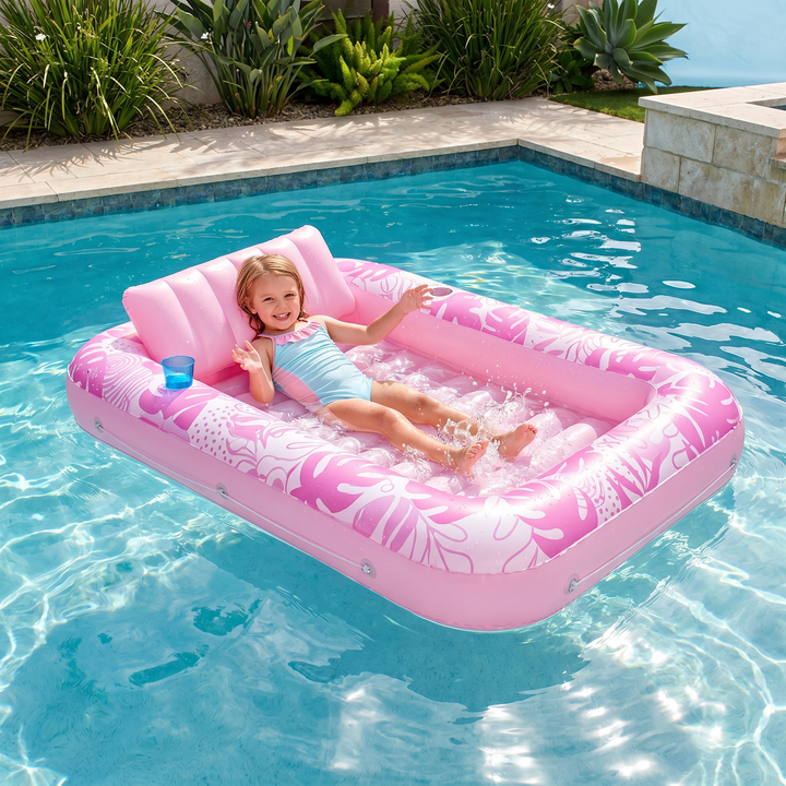 Robuster aufblasbarer Lounge Pool mit Kissen, Getränkehalter und viel Platz zur sommerlichen Abkühlung.