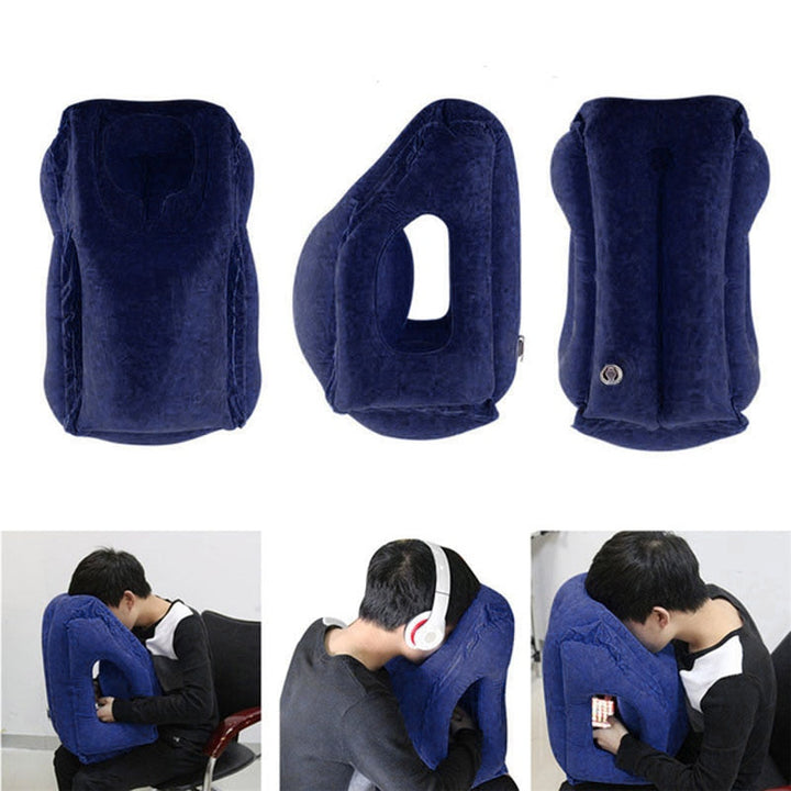 Einfaches Aufblasen des ergonomischen Nackenkissens. Schneller Komfort für Reisen, Auto & Büro. Tragbares Kissen.