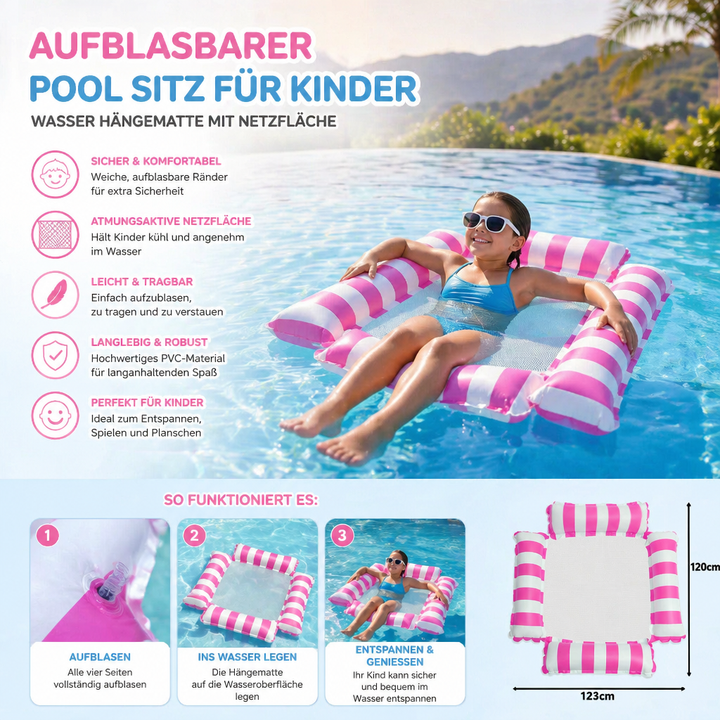 Zwei Kinder spielen auf aufblasbarem Pool Battle Spiel im Schwimmbad. Aktiver Wasserspaß & Gleichgewicht.