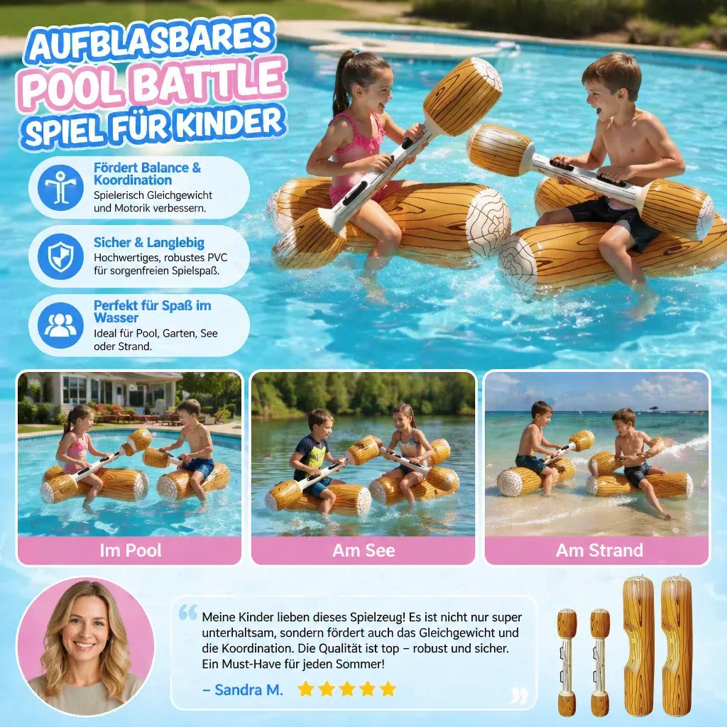 Zwei Kinder spielen aufblasbares Pool Kampfspiel im Wasser. Balance und Wasserspaß als Familienspielzeug Outdoor.