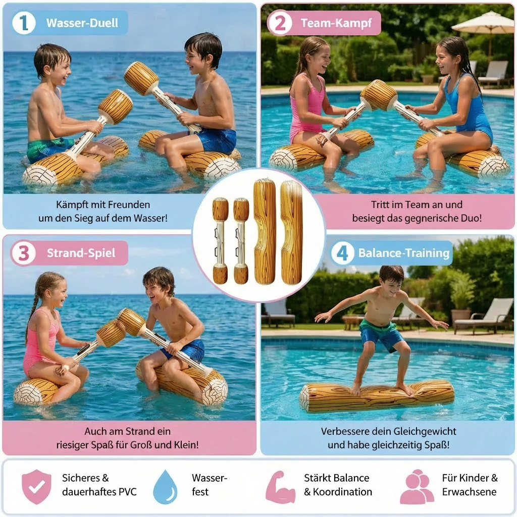 Interaktives Kinder Wasserspielzeug: Aufblasbares Pool Kampfspiel fördert Balance, Motorik und Koordination aktiv.