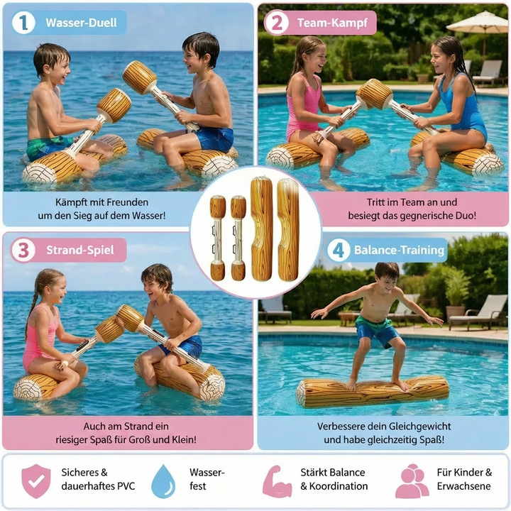 Interaktives Kinder Wasserspielzeug: Aufblasbares Pool Kampfspiel fördert Balance, Motorik und Koordination aktiv.