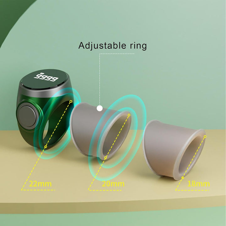 Nahaufnahme: Wiederaufladbarer digitaler Fingerzähler Ring, 4-stellig, mit hellem LCD-Display.